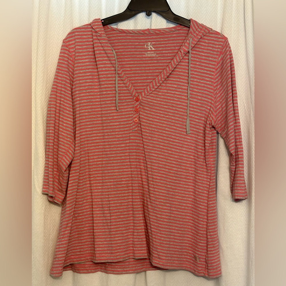 Calvin Klein Pink and Gray Striped Top with Hood